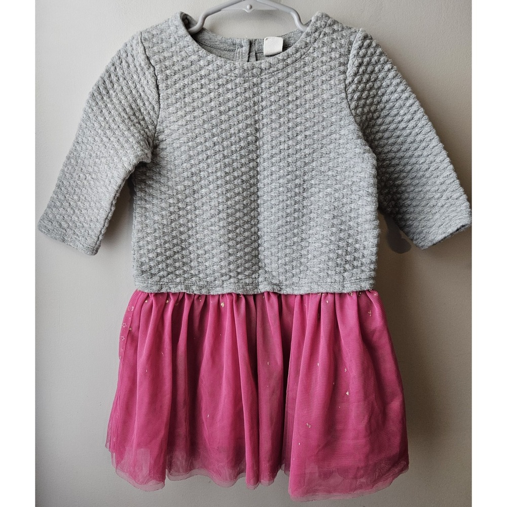 Baby GAP Toddler Girl Dress Sz 4T Gray Quilted Top Pink Tulle Skirt Long Sleeve